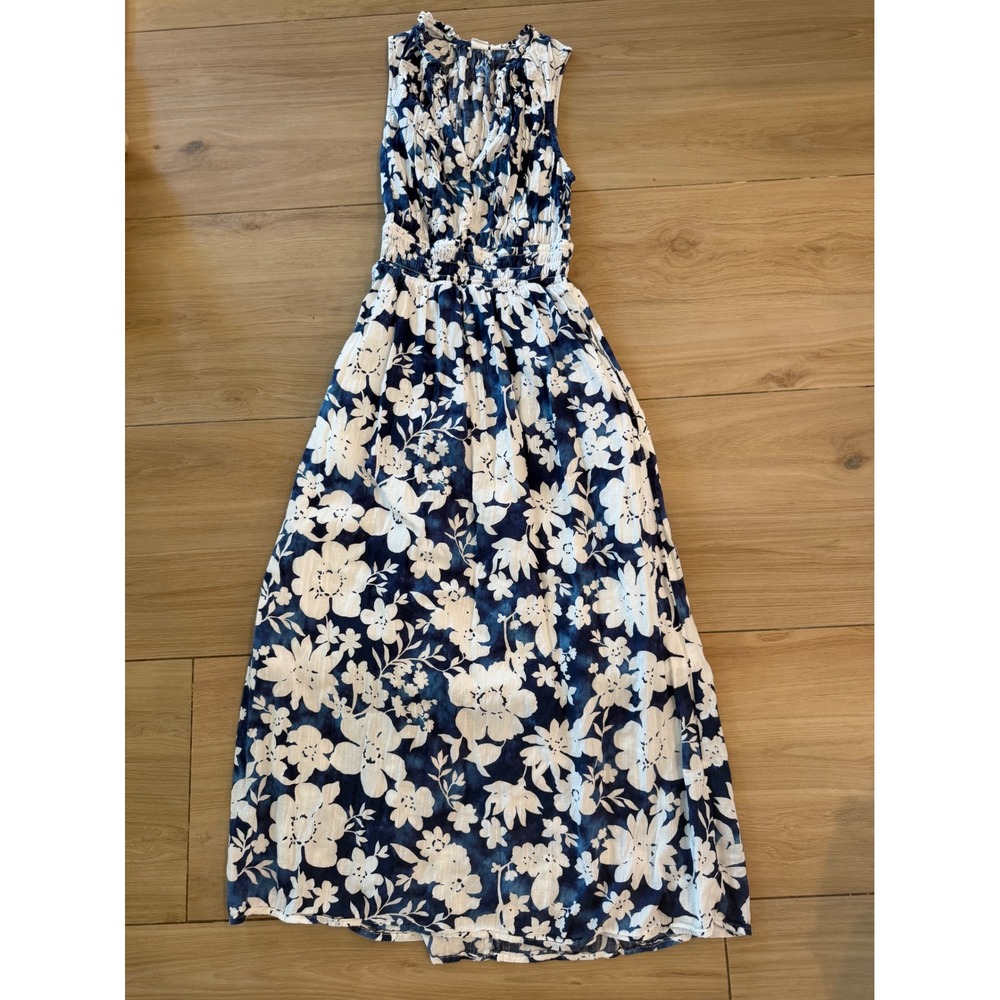 Gap Womens Blue White Floral Smocked Waist Sleeveless V-Neck Maxi Dress Small
